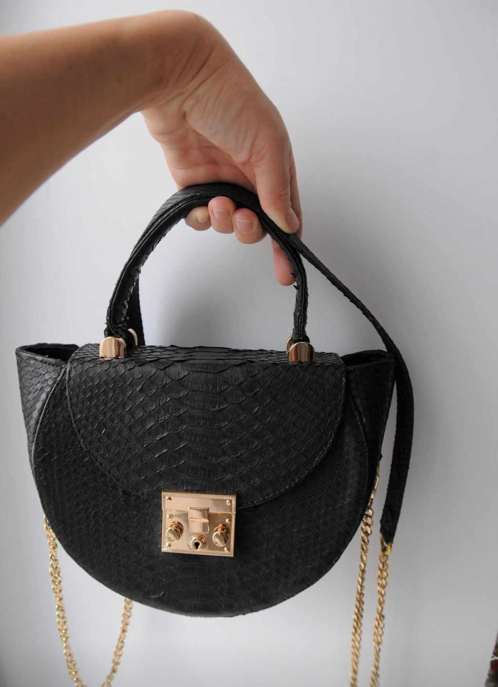Genuine Python Skin Crosshandle Elegant Black Bag