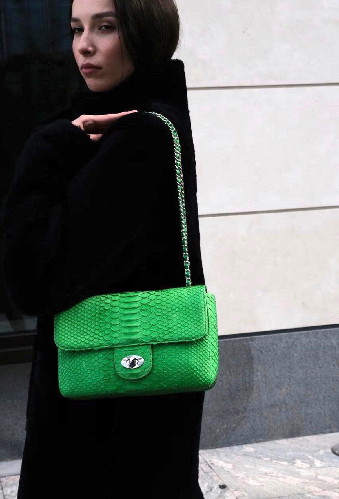 Genuine Python Skin Maxi Crossbody Bag — Green