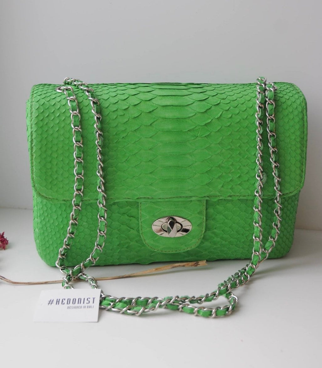 Genuine Python Skin Maxi Crossbody Bag — Green