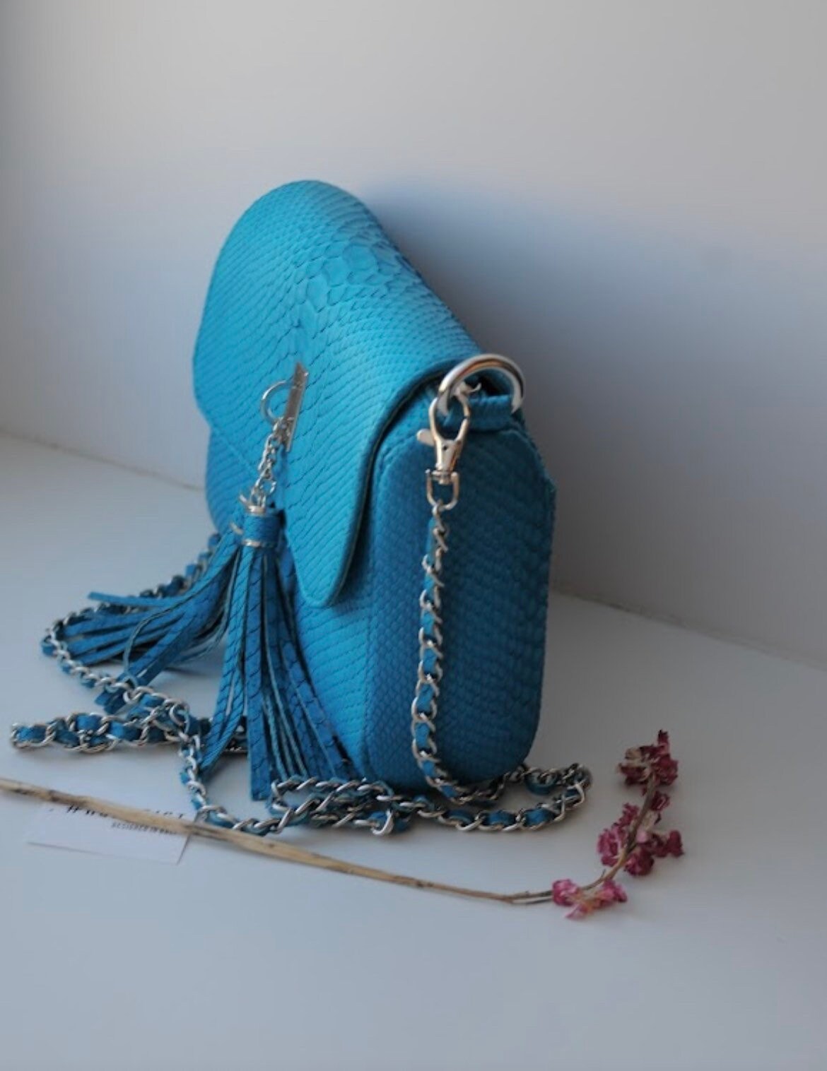 Genuine Python Skin Tassel Crossbody Bag — Turquoise