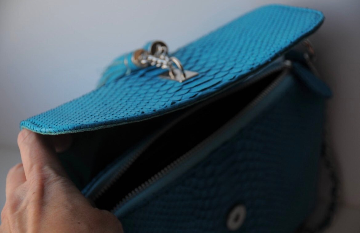 Genuine Python Skin Tassel Crossbody Bag — Turquoise