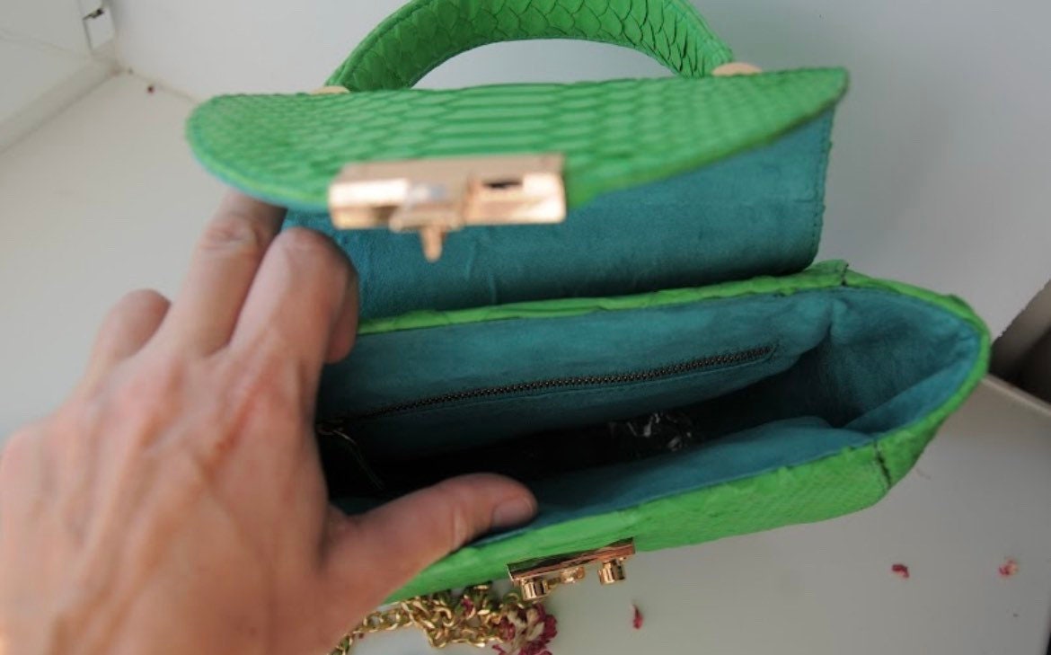 Genuine Python Skin Crosshandle Elegant Green Bag