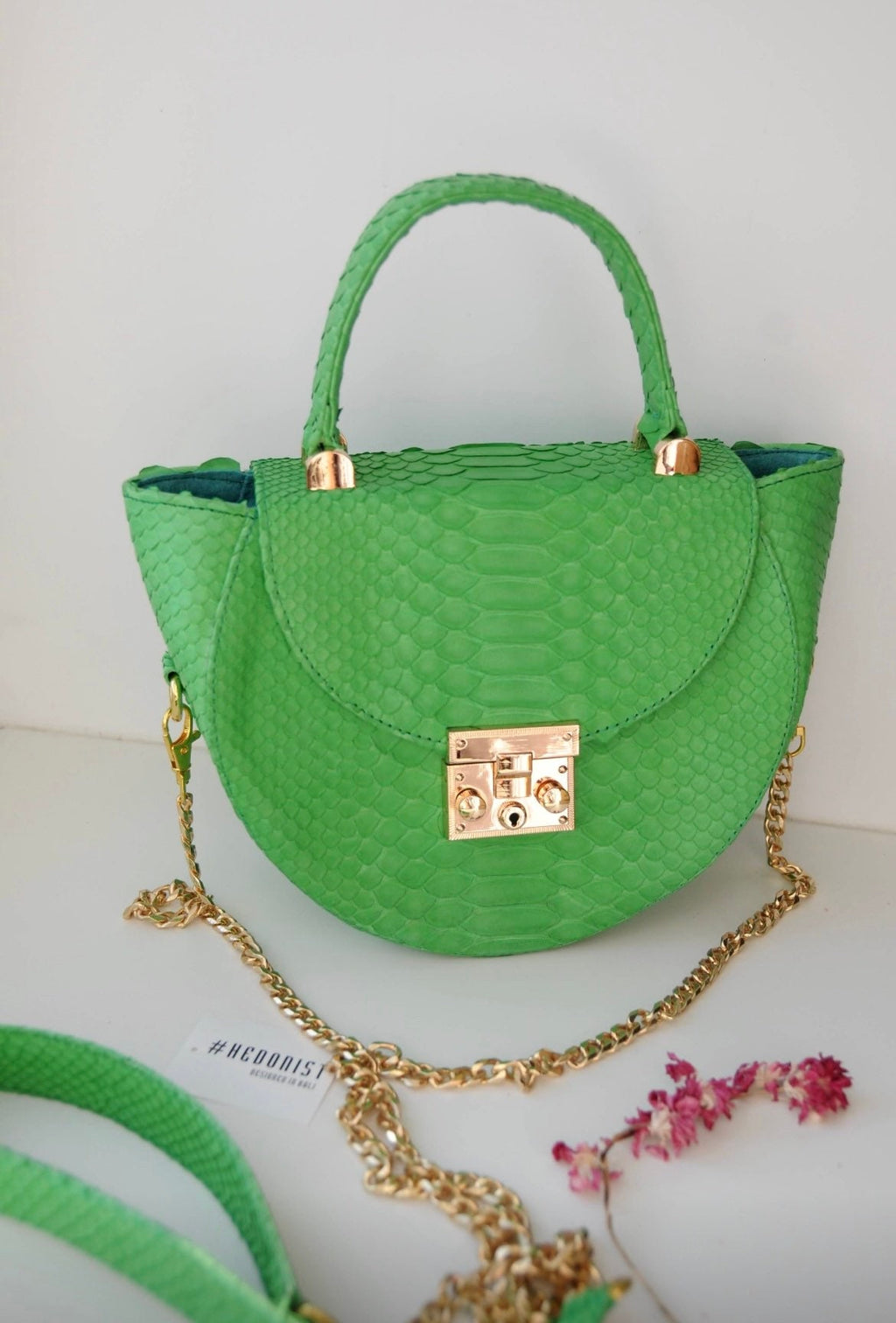 Genuine Python Skin Crosshandle Elegant Green Bag
