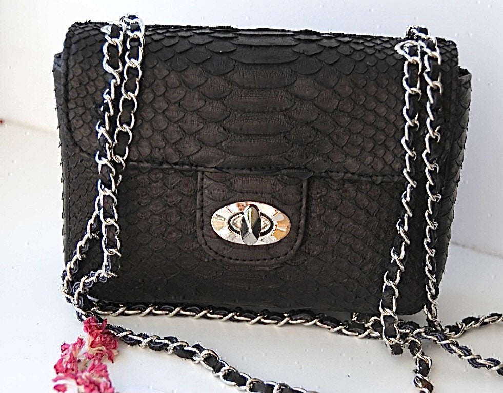 Genuine Python Skin Mini Chain Crossbody Bag — Black