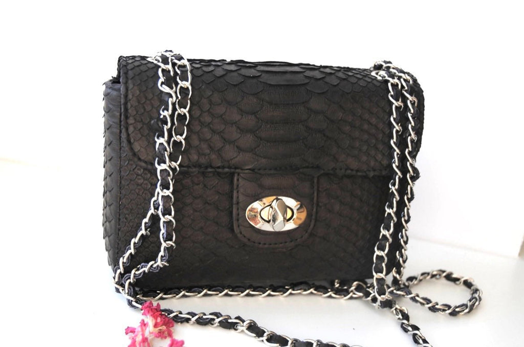 Genuine Python Skin Mini Chain Crossbody Bag — Black