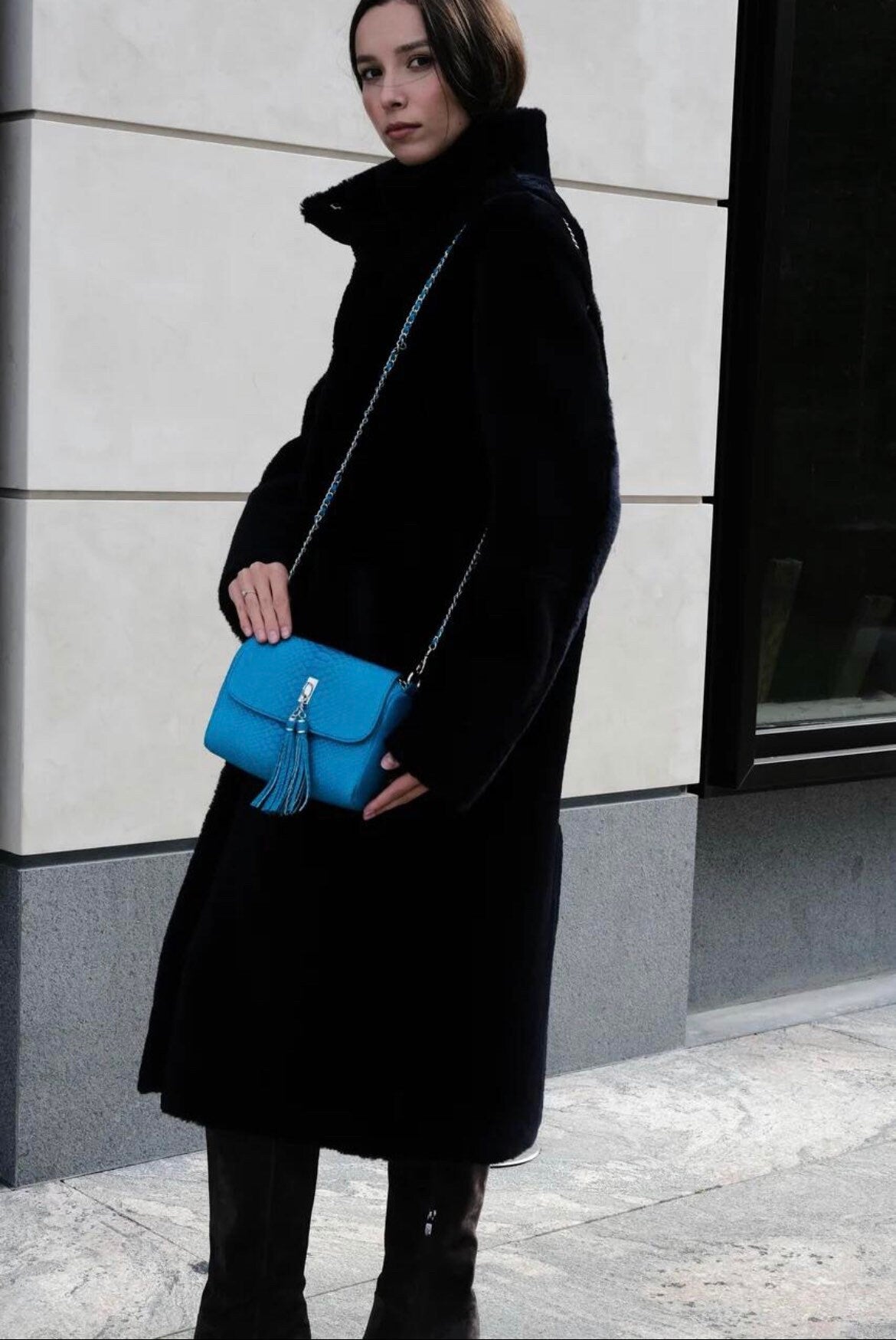 Genuine Python Skin Tassel Crossbody Bag — Turquoise