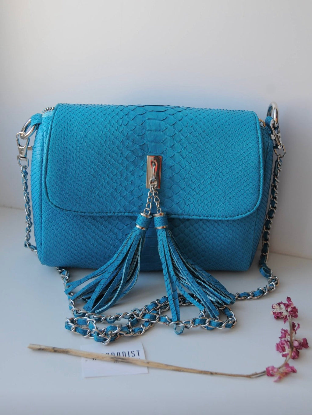 Genuine Python Skin Tassel Crossbody Bag — Turquoise