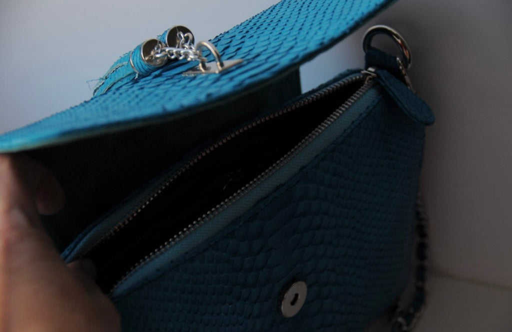 Genuine Python Skin Tassel Crossbody Bag — Turquoise