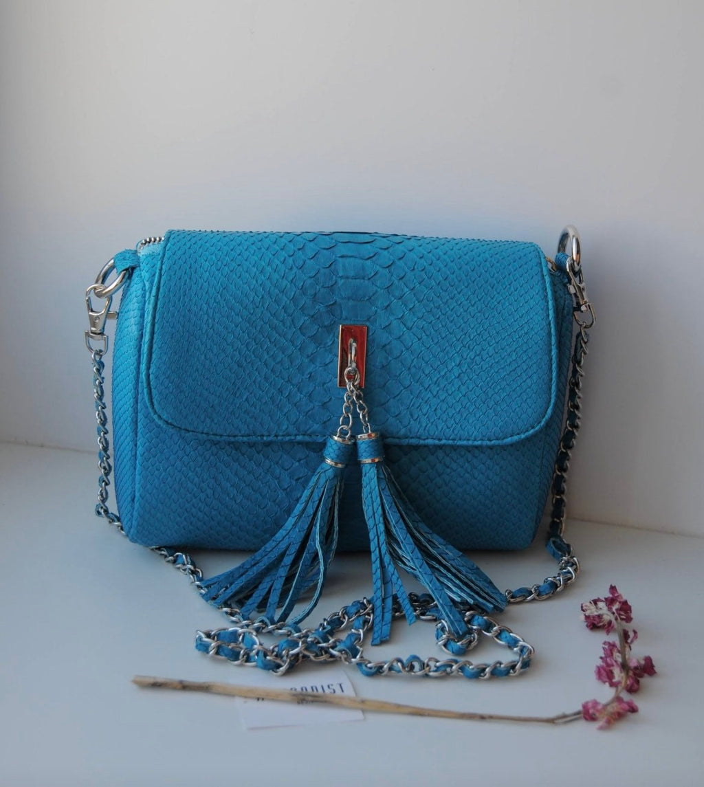 Genuine Python Skin Tassel Crossbody Bag — Turquoise