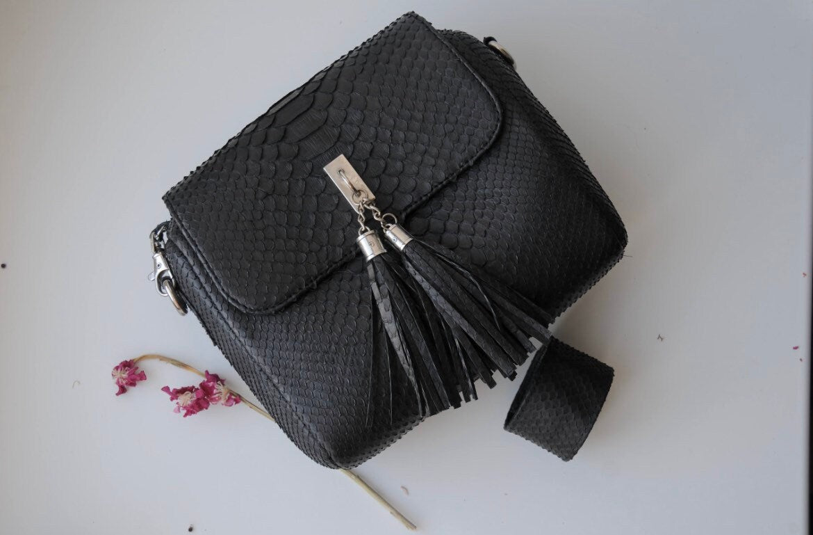 Genuine Python Skin Chain Crossbody Bag — Black Tassel