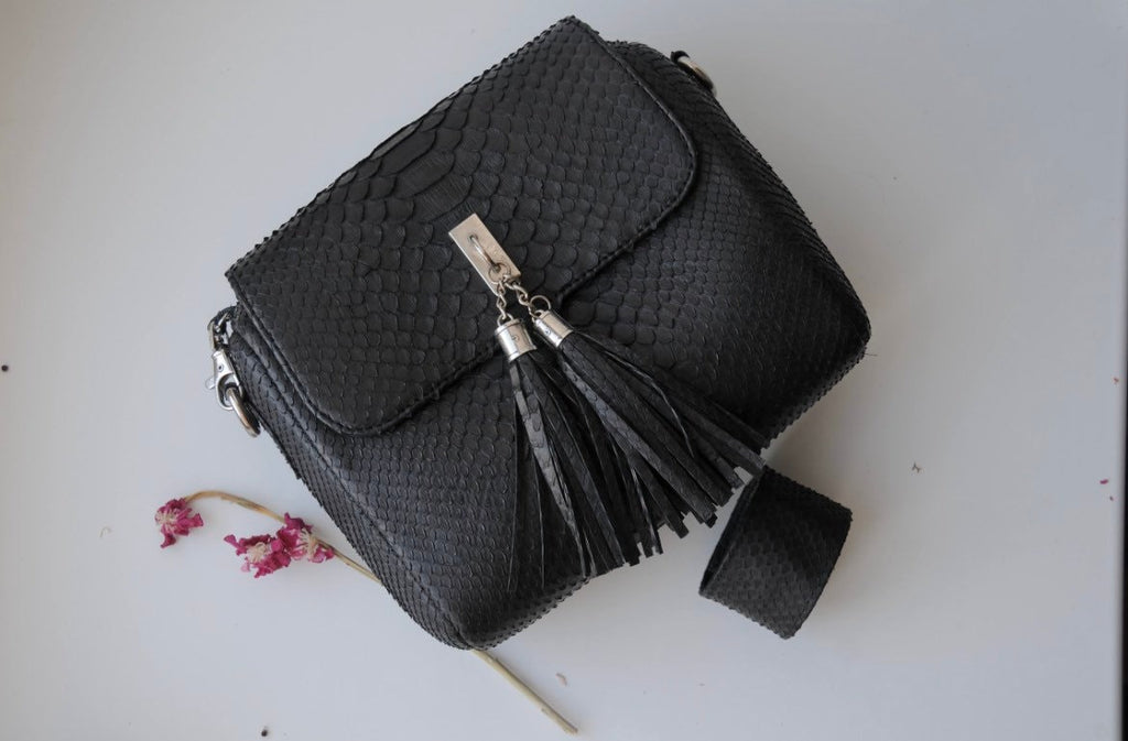 Genuine Python Skin Classy Crossbody Chain Bag Handmade — Black