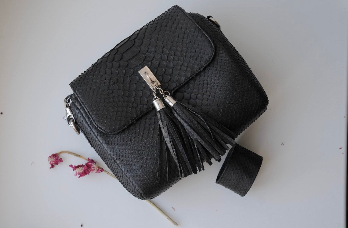 Genuine Python Skin Classy Crossbody Chain Bag Handmade — Black