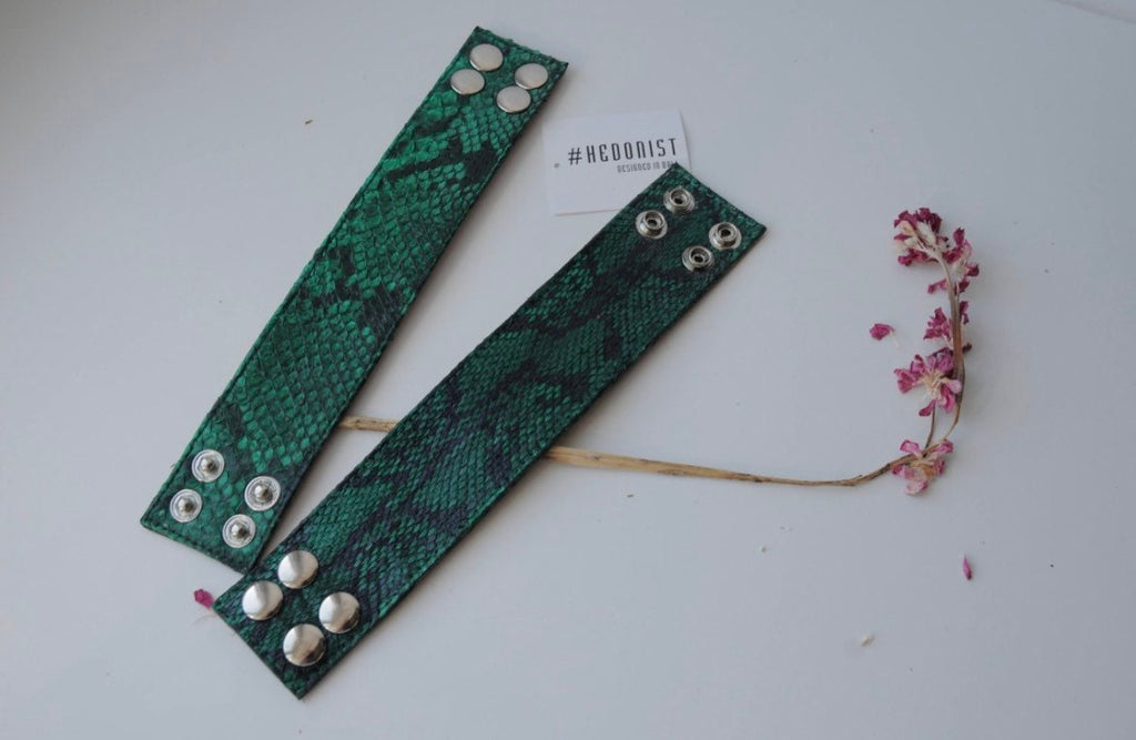 Green Python Skin Bracelet | Flat Woman Buttoned Exotic Leather Bracelet | Wide Leather Bracelet | Women Jewerly | Snake Skin Bracelet
