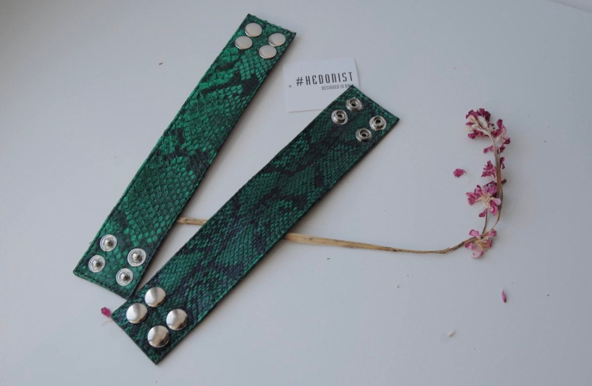 Green Python Skin Bracelet | Flat Woman Buttoned Exotic Leather Bracelet | Wide Leather Bracelet | Women Jewerly | Snake Skin Bracelet