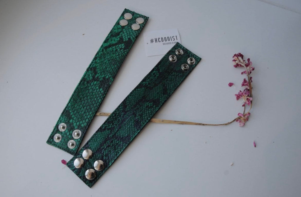 Green Python Skin Bracelet | Flat Woman Buttoned Exotic Leather Bracelet | Wide Leather Bracelet | Women Jewerly | Snake Skin Bracelet