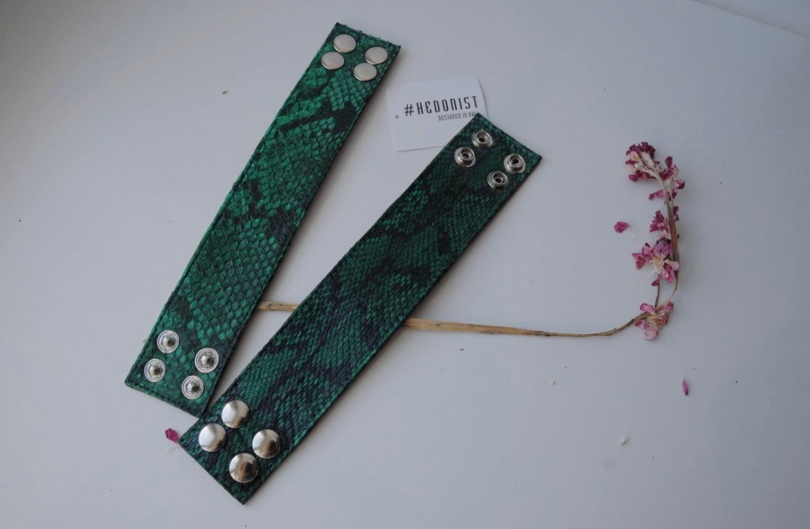 Green Python Skin Bracelet | Flat Woman Buttoned Exotic Leather Bracelet | Wide Leather Bracelet | Women Jewerly | Snake Skin Bracelet