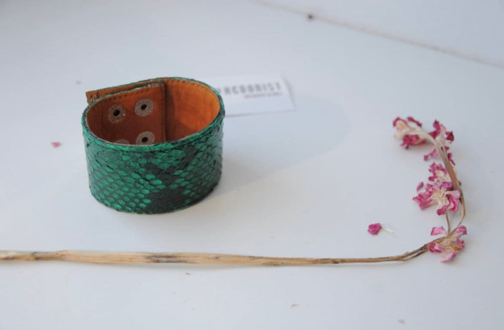 Green Python Skin Bracelet | Flat Woman Buttoned Exotic Leather Bracelet | Wide Leather Bracelet | Women Jewerly | Snake Skin Bracelet