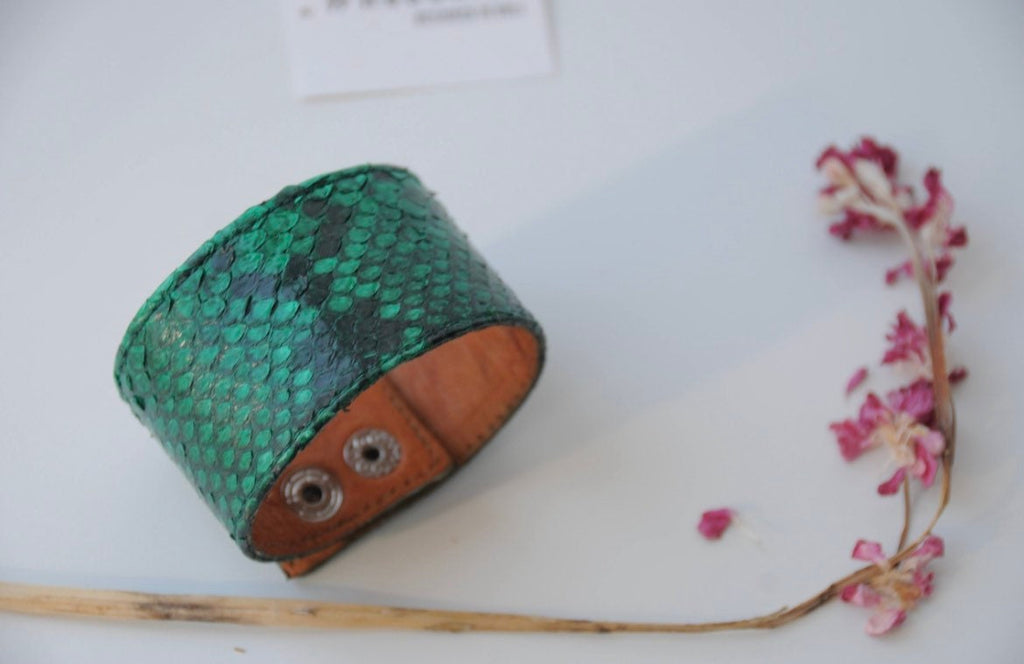 Green Python Skin Bracelet | Flat Woman Buttoned Exotic Leather Bracelet | Wide Leather Bracelet | Women Jewerly | Snake Skin Bracelet