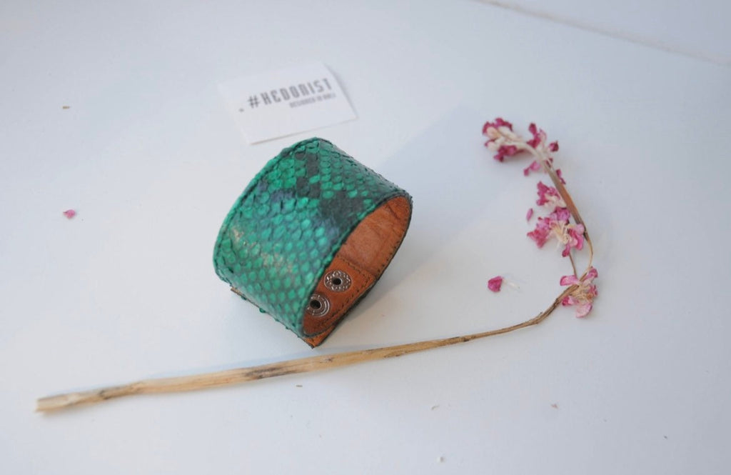 Green Python Skin Bracelet | Flat Woman Buttoned Exotic Leather Bracelet | Wide Leather Bracelet | Women Jewerly | Snake Skin Bracelet