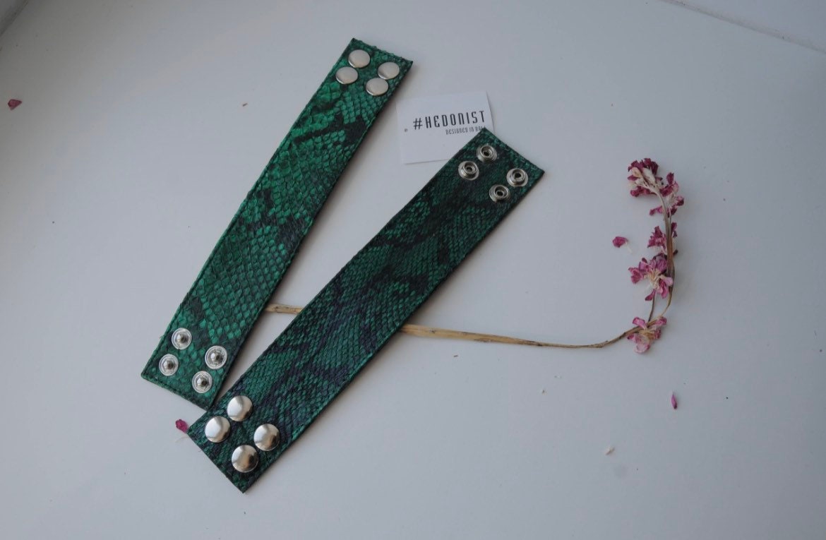 Green Python Skin Bracelet | Flat Woman Buttoned Exotic Leather Bracelet | Wide Leather Bracelet | Women Jewerly | Snake Skin Bracelet