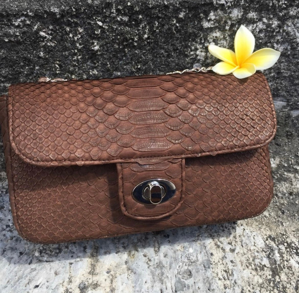 Genuine Python Skin Chain Crossbody Bag — Chocolate Brown