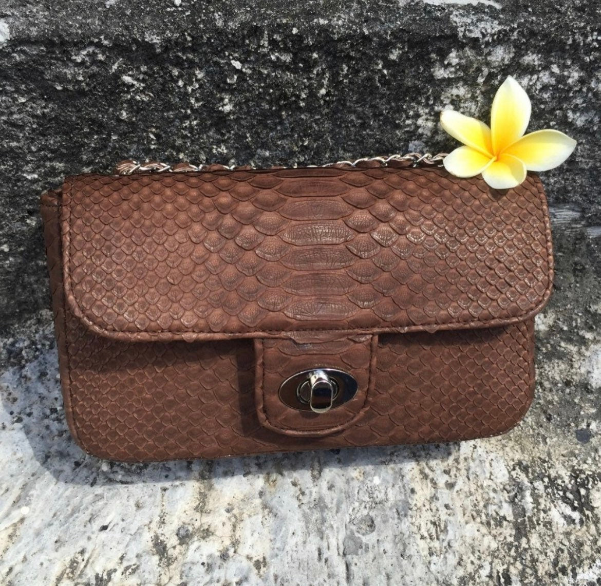 Genuine Python Skin Chain Crossbody Bag — Chocolate Brown