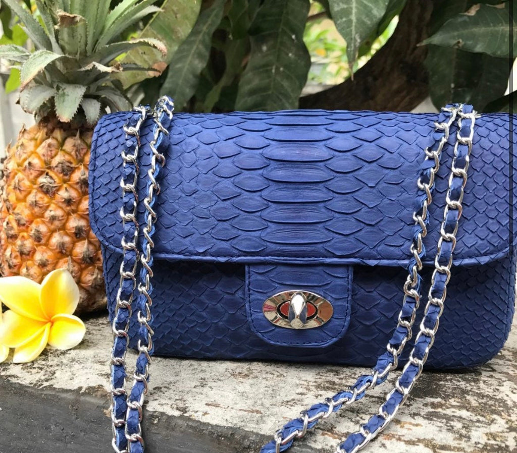 Genuine Python Skin Chain Crossbody Bag — Blue
