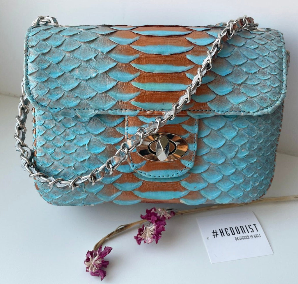 Light blue Crossbody Bag Genuine Python Skin
