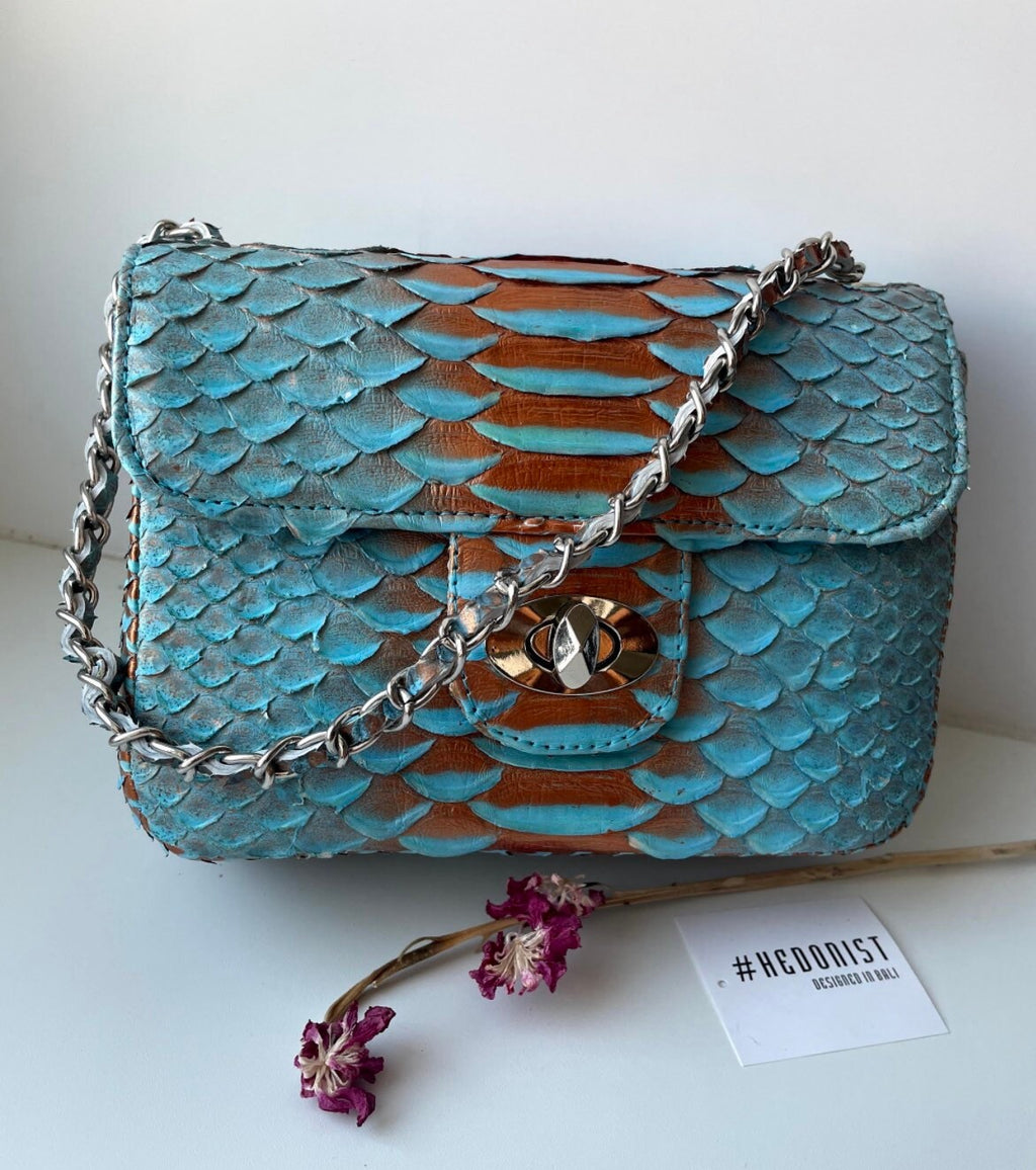 Light blue Crossbody Bag Genuine Python Skin