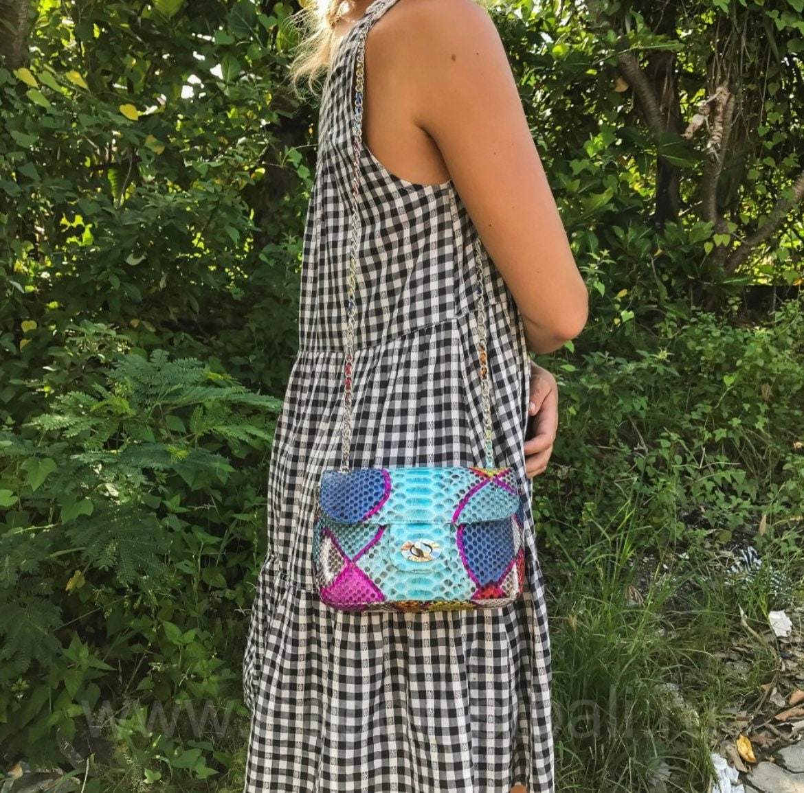 Genuine Python Skin Crossbody Bag — Blue Multicolor
