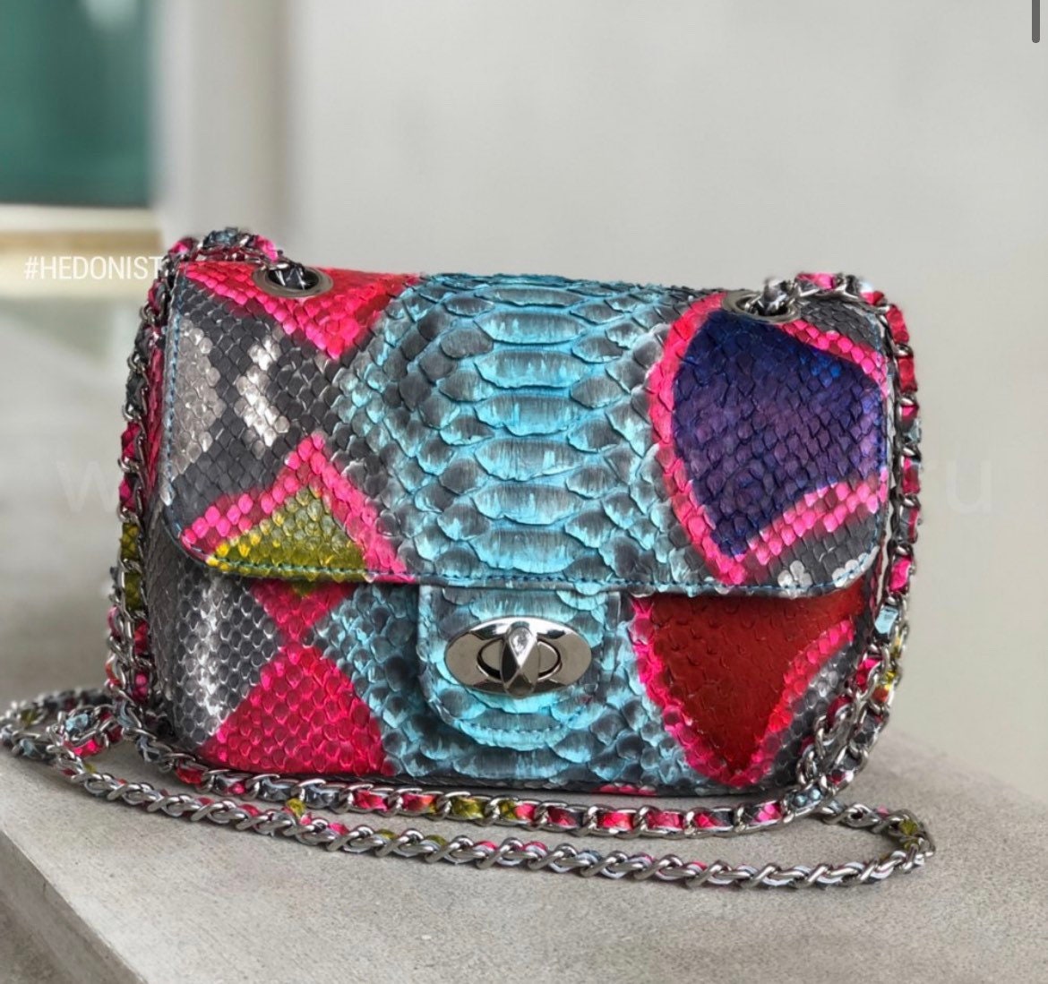 Genuine Python Skin Crossbody Bag — Blue Multicolor