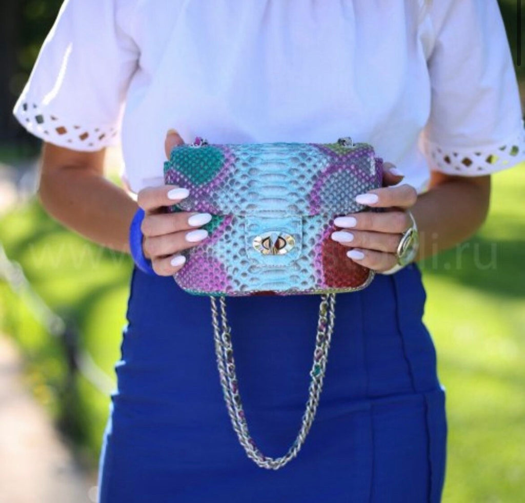 Genuine Python Skin Crossbody Bag — Blue Multicolor