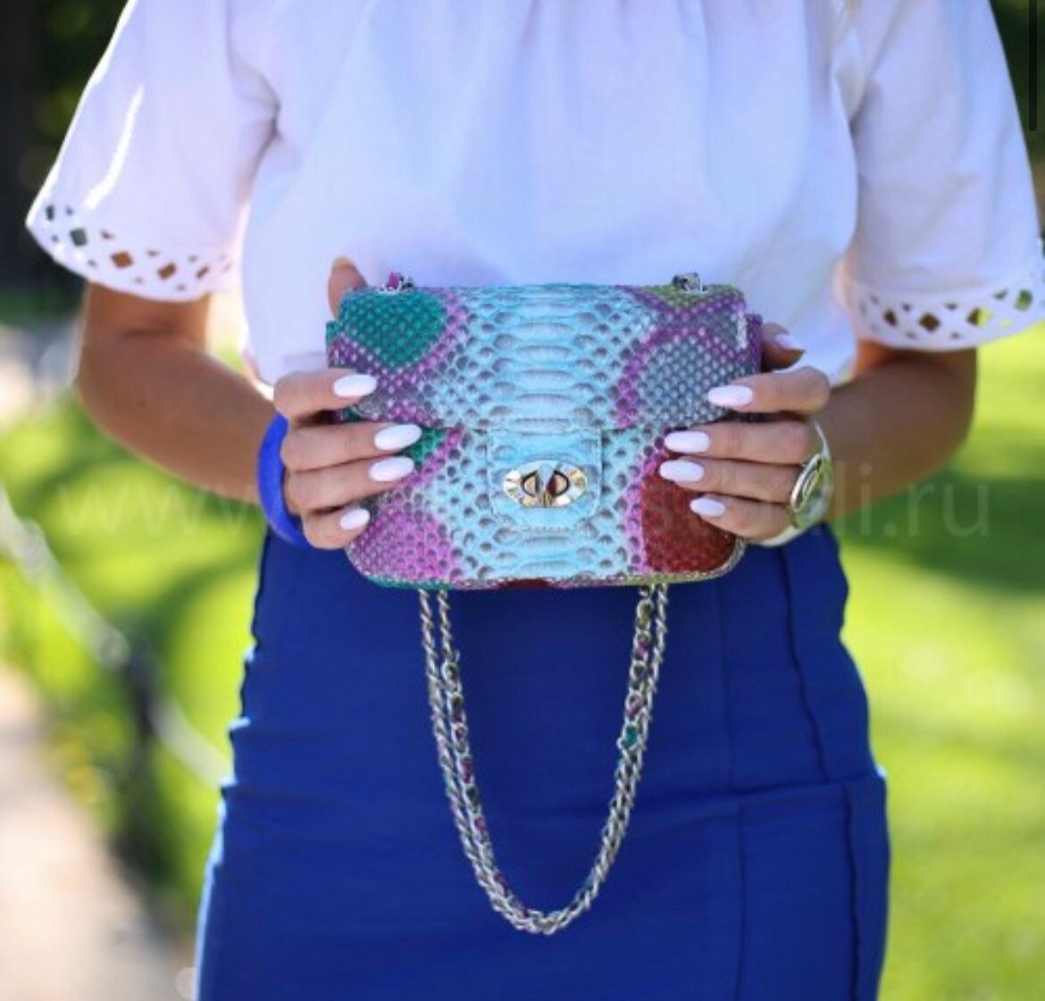 Genuine Python Skin Crossbody Bag — Blue Multicolor