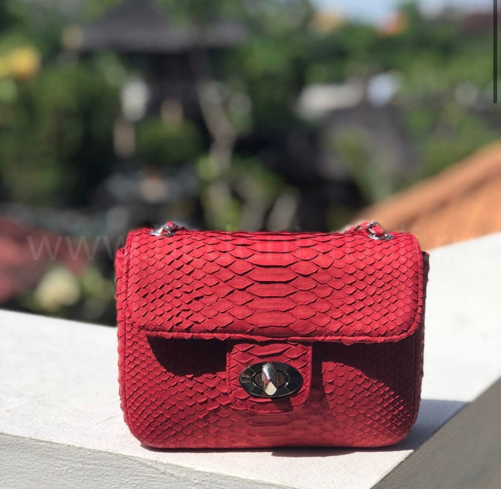 Genuine Python Skin Mini Chain Bag — Red