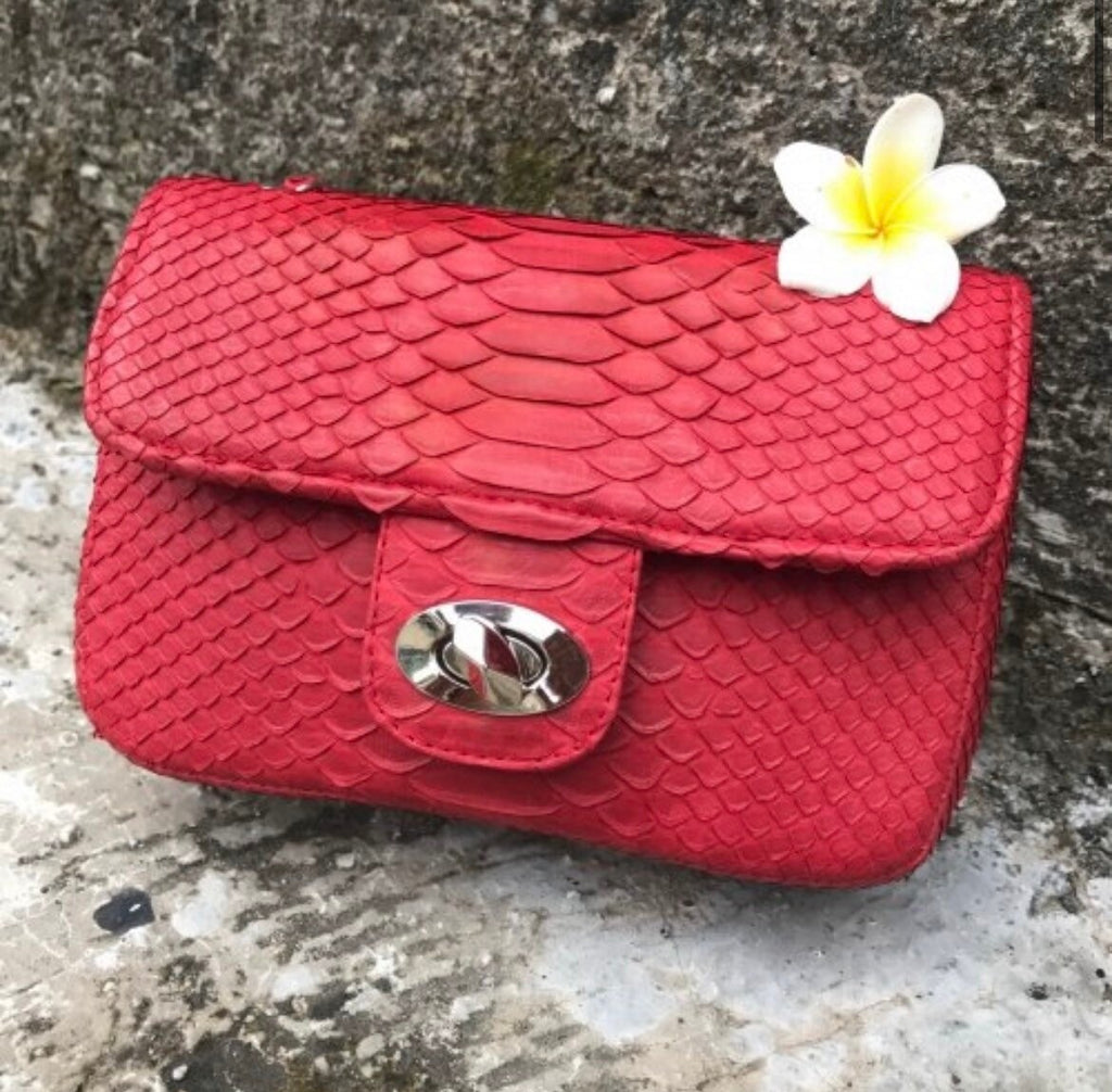 Genuine Python Skin Mini Chain Bag — Red