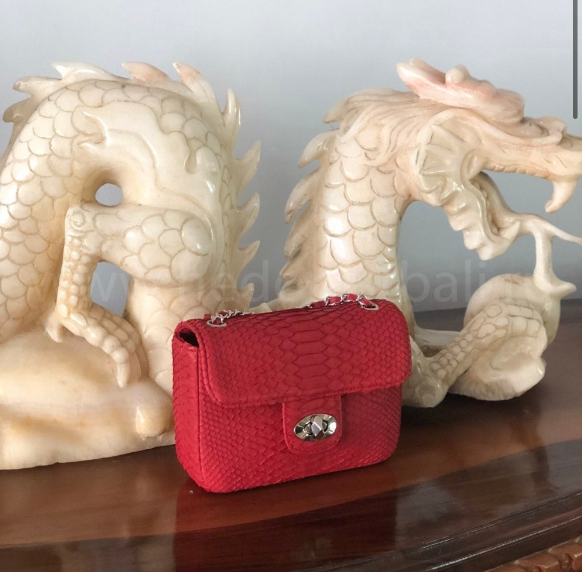 Genuine Python Skin Mini Chain Bag — Red