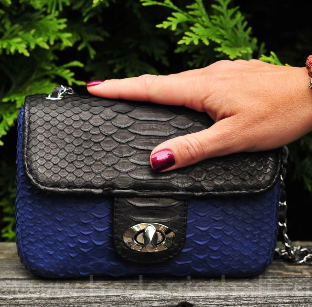 Genuine Python Skin Crossbody Bag — Black & Blue Colorblock