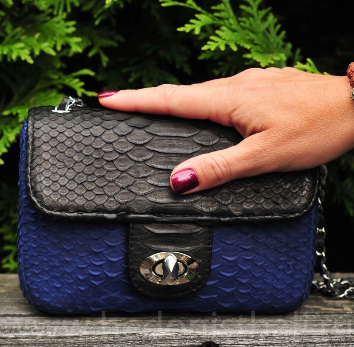 Genuine Python Skin crossbody black and blue bag