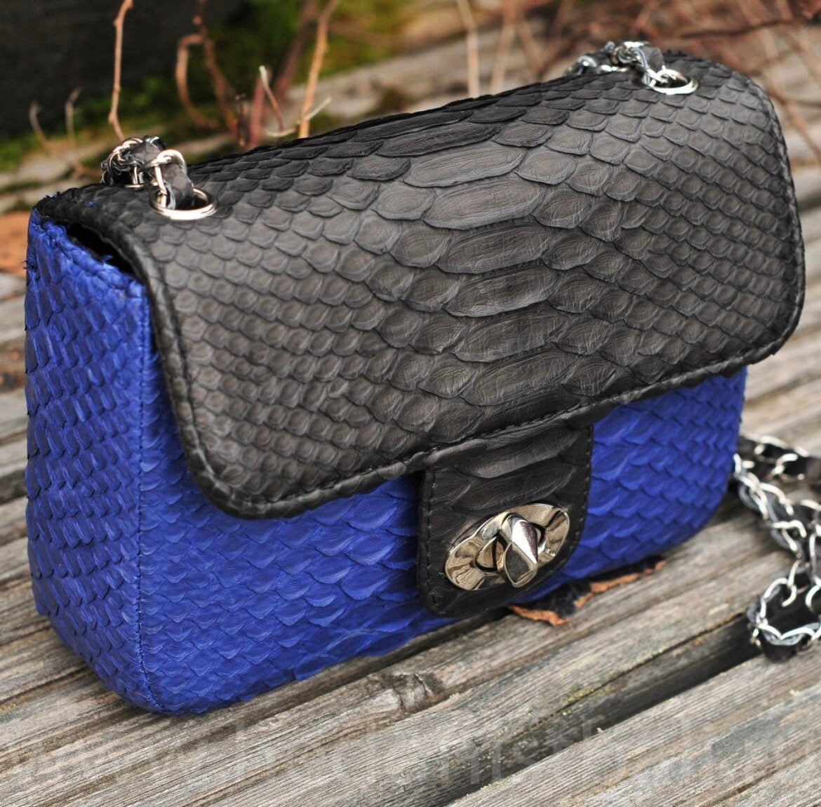 Genuine Python Skin crossbody black and blue bag