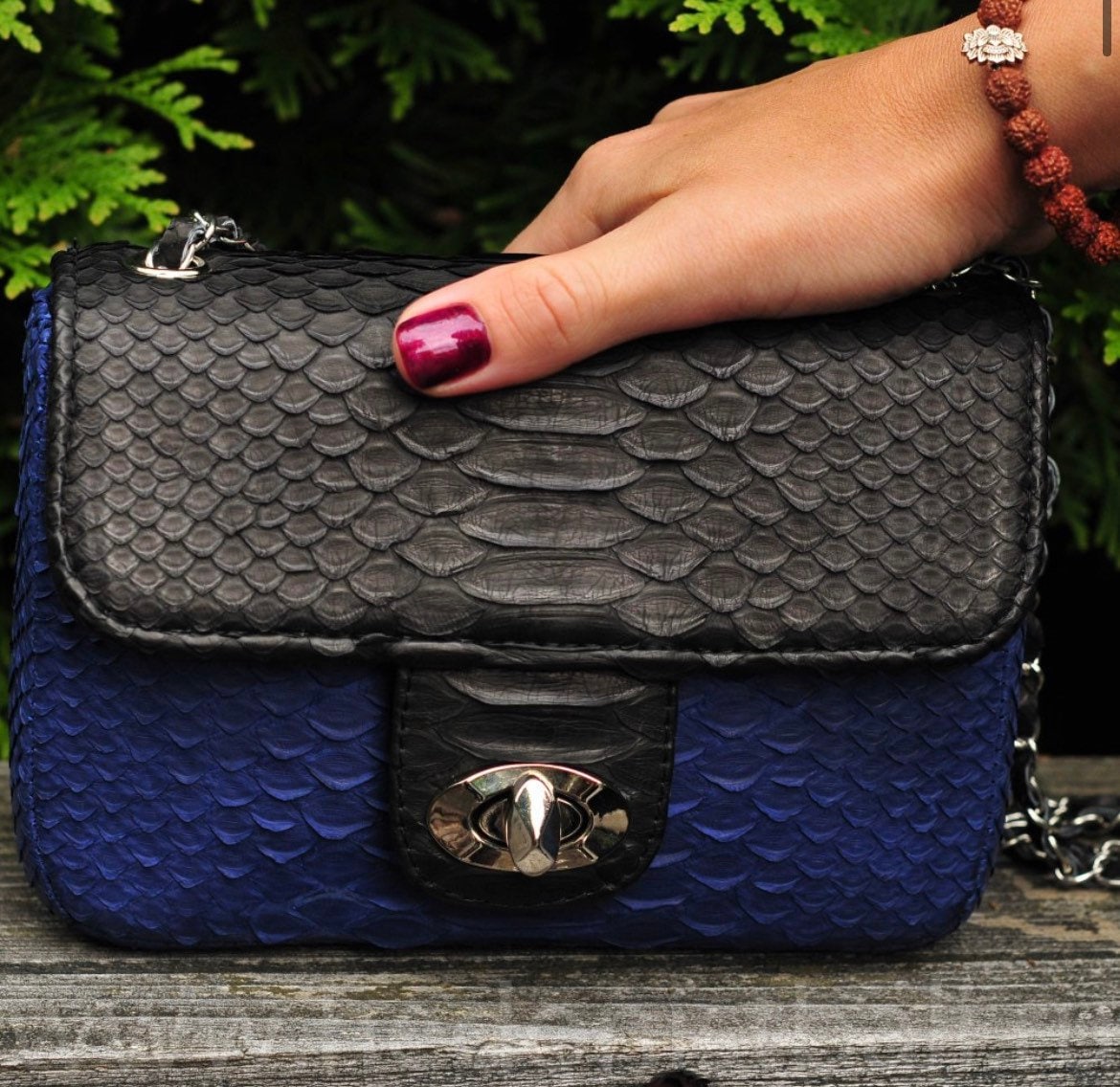 Genuine Python Skin crossbody black and blue bag