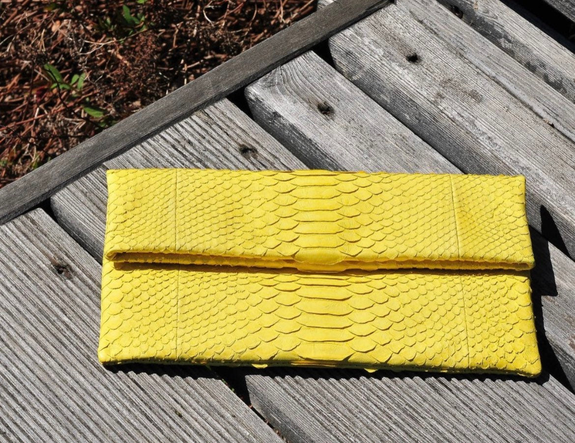 Genuine python skin yellow handmade clutch, classy elegant leather envelope bag, purse free shipping, flat snake leather clutch,small clutch — Red