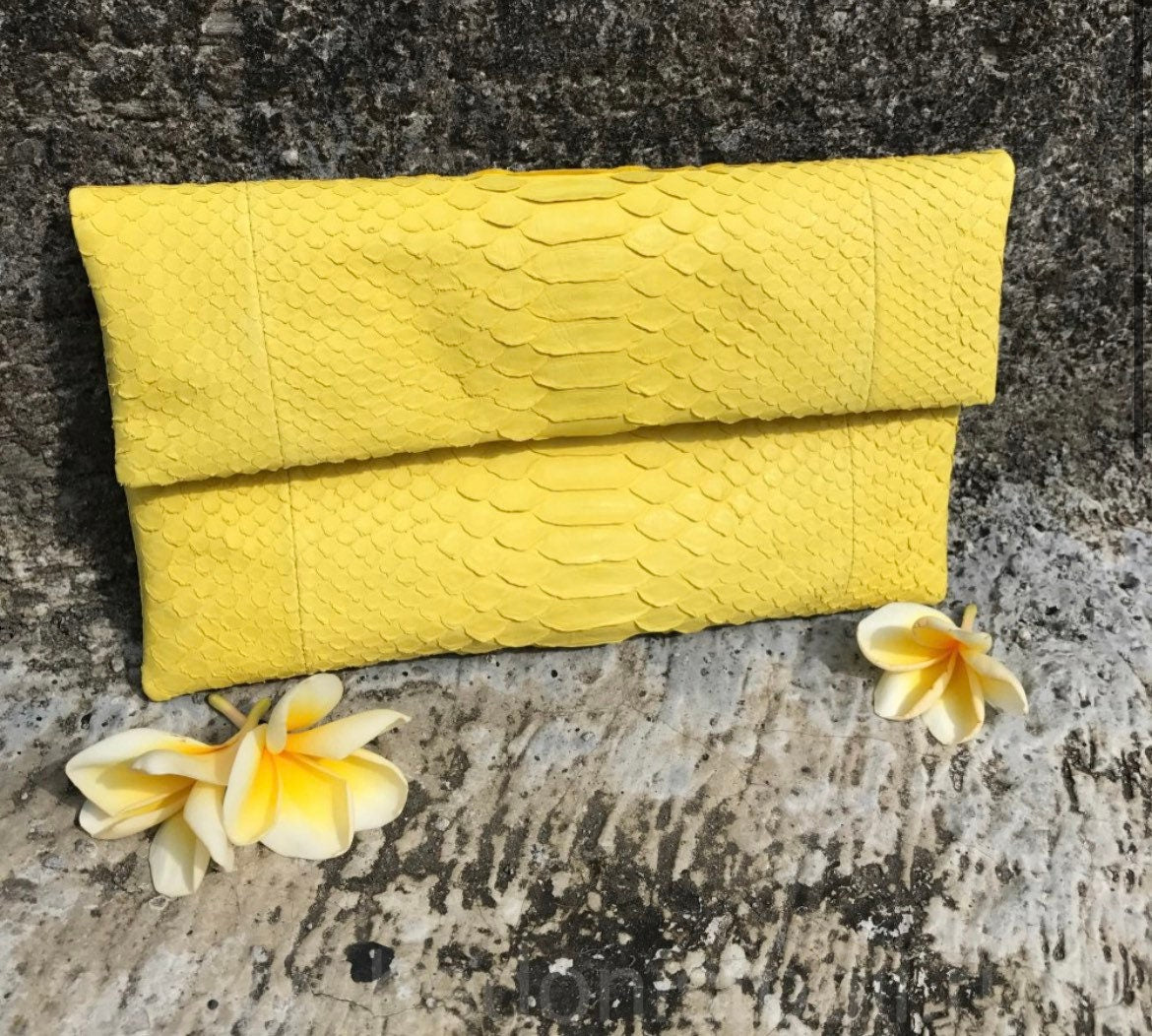 Genuine Python Skin Envelope Clutch — Yellow