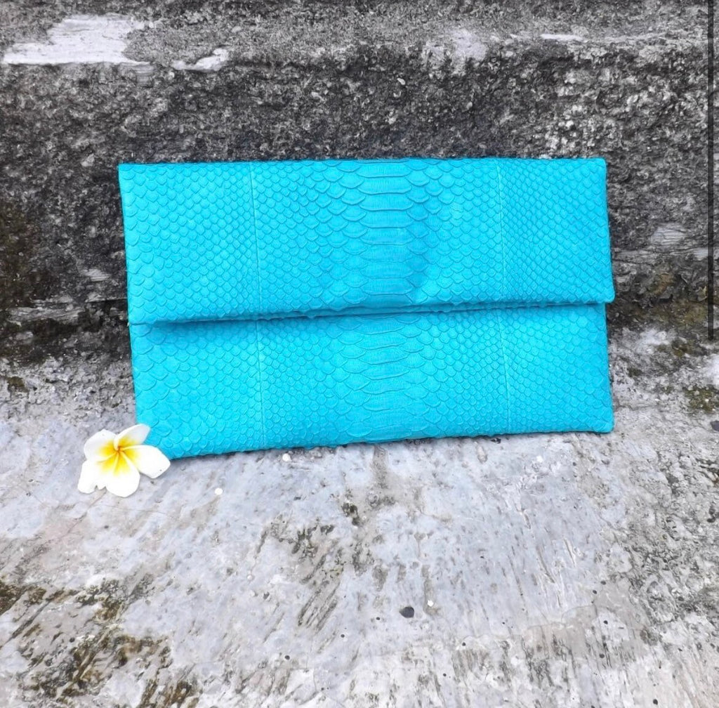 Genuine Python Skin Clutch — Turquoise Blue