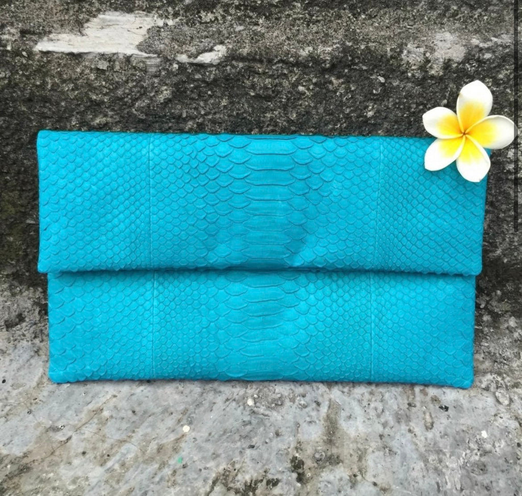 Genuine Python Skin Clutch — Turquoise Blue