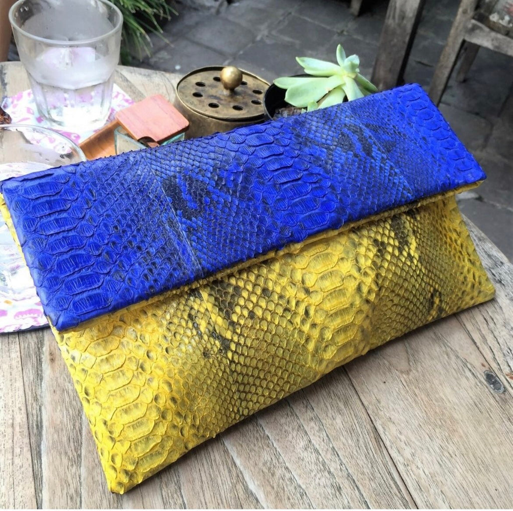 Genuine Python Skin Envelope Clutch — Blue & Yellow Colorblock