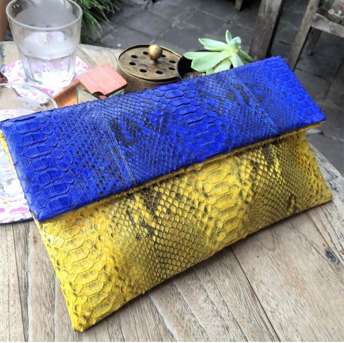 Genuine Python Skin Envelope Clutch — Blue & Yellow Colorblock