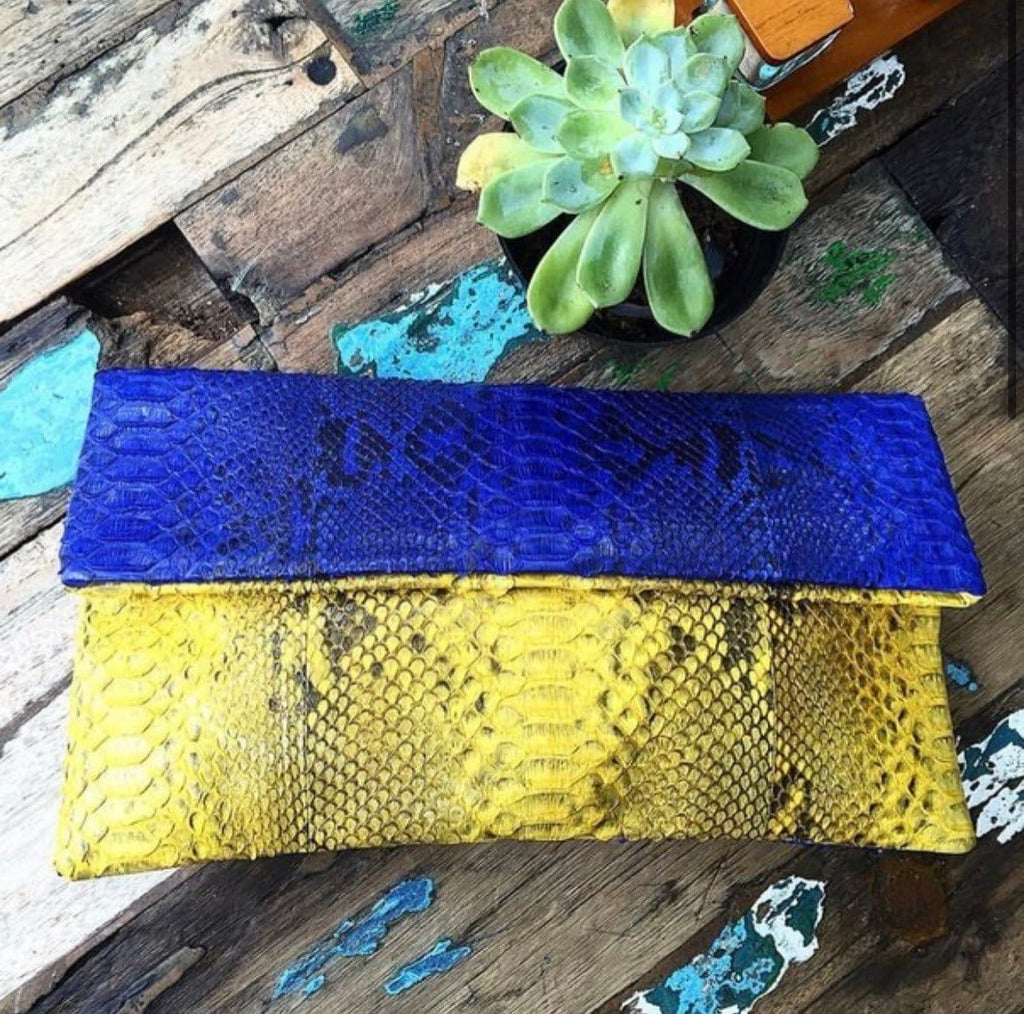 Genuine Python Skin Envelope Clutch — Blue & Yellow Colorblock