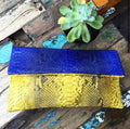 Genuine Python Skin Envelope Clutch — Blue & Yellow Colorblock