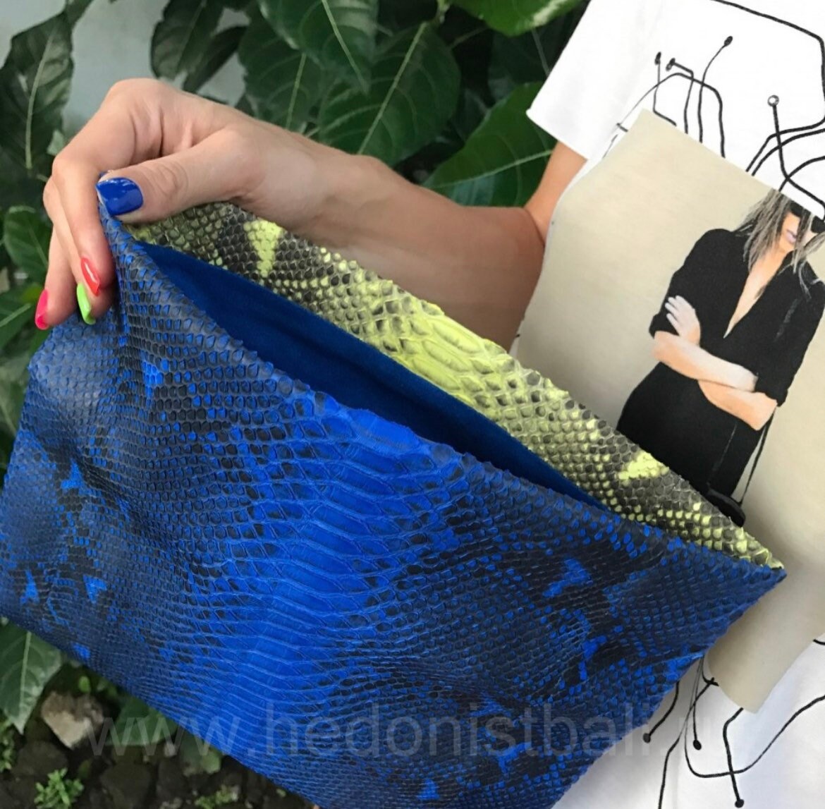 Genuine Python Skin Envelope Clutch — Blue & Yellow Colorblock