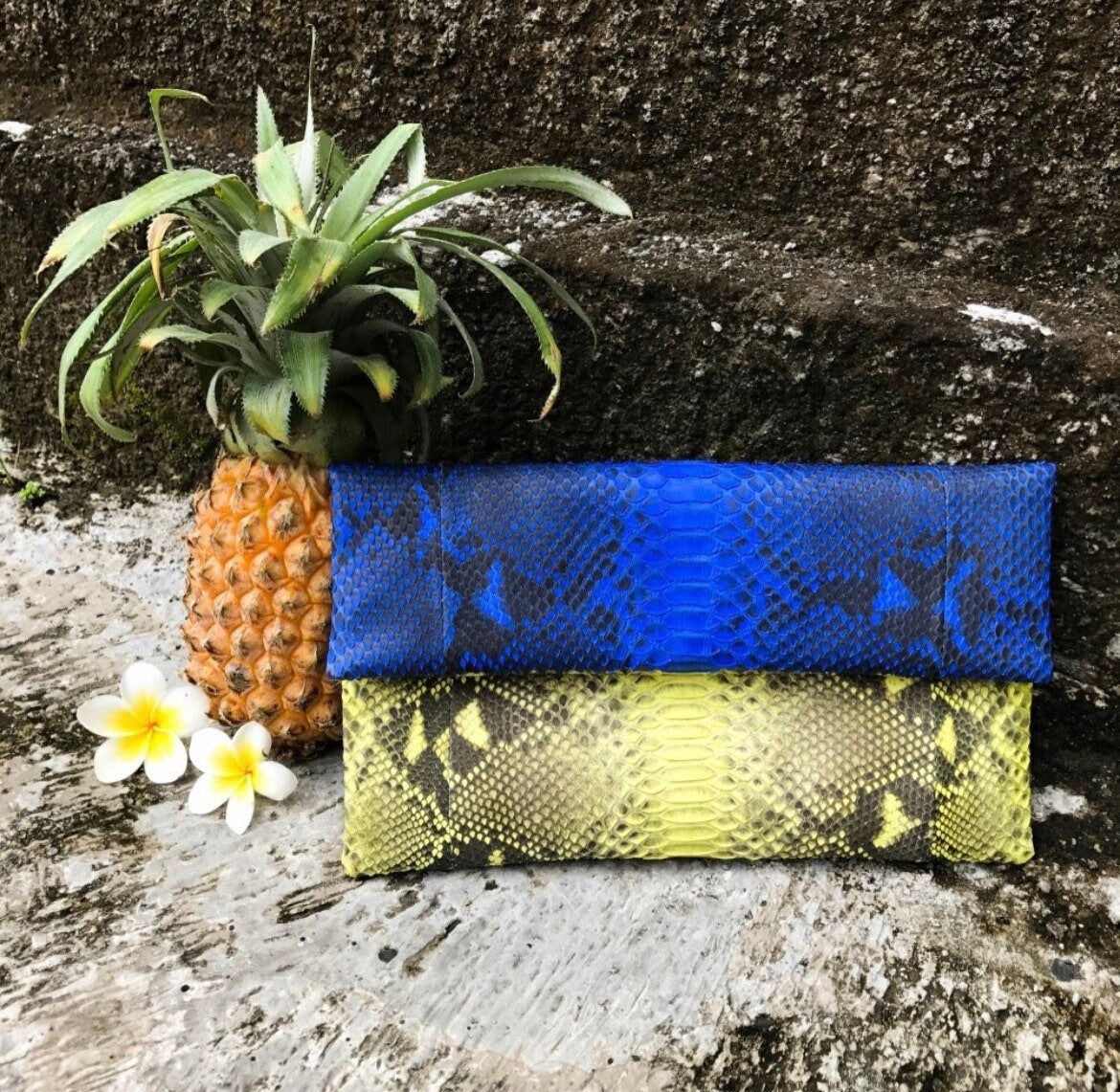 Genuine Python Skin Envelope Clutch — Blue & Yellow Colorblock